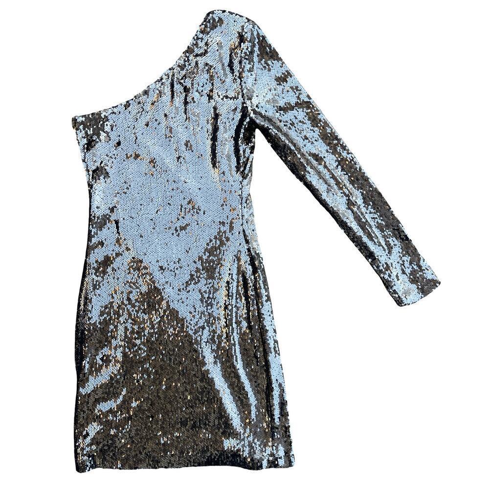 Topshop Gold Sequin One Shoulder Long Sleeve Mini Dress - Size 2 - Picture 3 of 9
